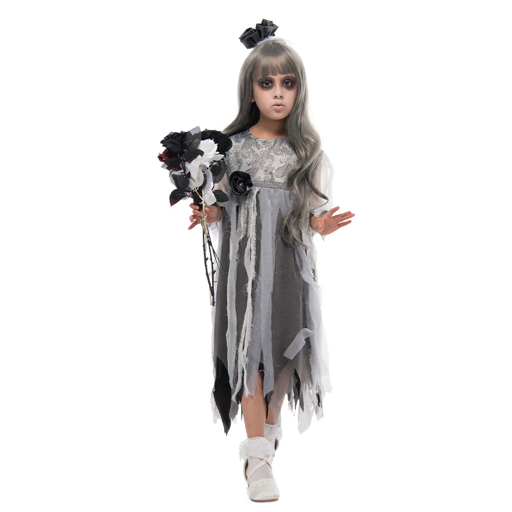 Eraspooky Gothic Girls Ghost Bride Dress Cosplay Halloween Costume For Girl Scary Demon Day of the Dead Festival Fancy Dress