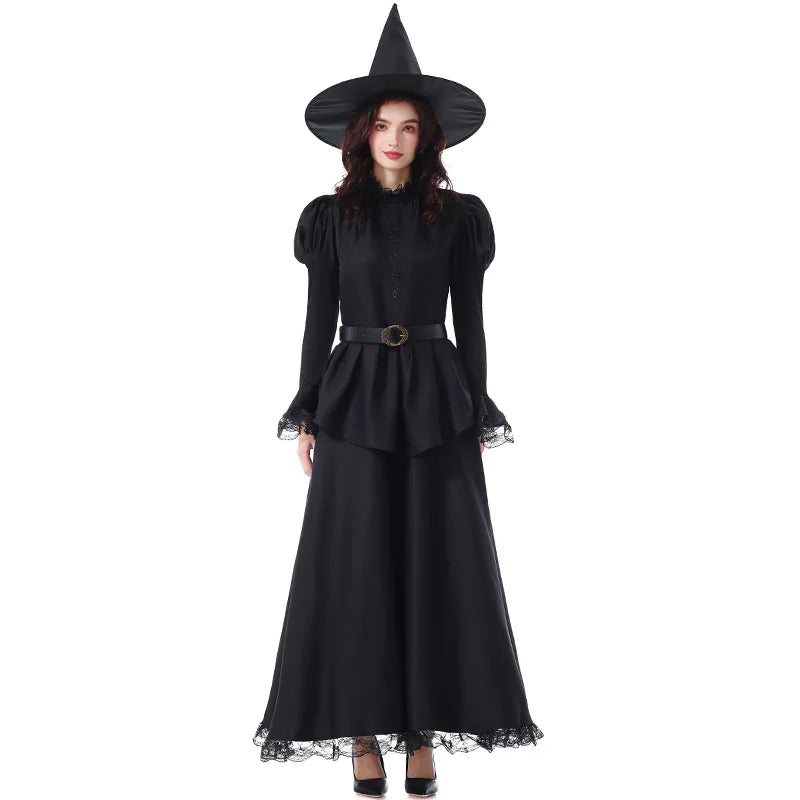 Halloween Witch Costume Black Lace Magical Wizard Dress Hat Belt 3pcs Set Women Gothic Elegant Party Outfit Movie Character Cos