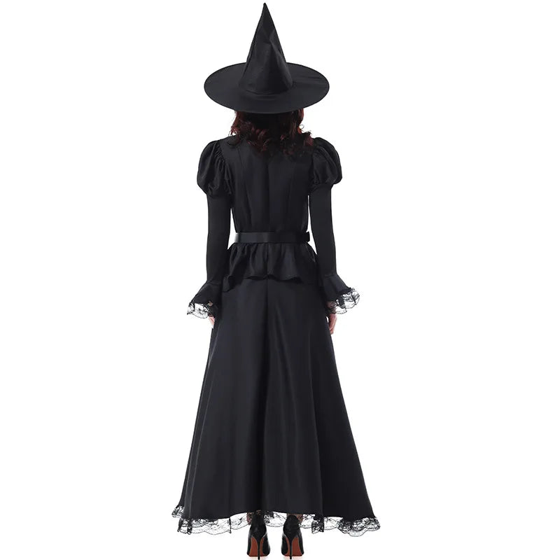 Halloween Witch Costume Black Lace Magical Wizard Dress Hat Belt 3pcs Set Women Gothic Elegant Party Outfit Movie Character Cos