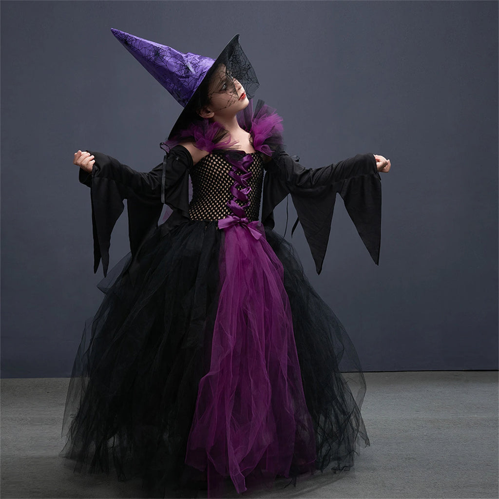 Halloween Witch Costume For Girls Kids Long Veil Dress Princess Dress Birthday Party Dress Stage Performance Dress