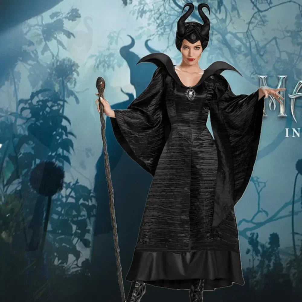 Maleficent Witch Costume Dark Witch Queen Dress Women Halloween Gothic Vampire Costume Stepmother Witch Dress Hat