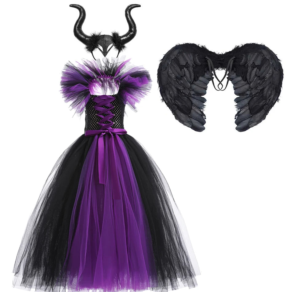 Halloween Witch Dress Girl Evil Queen Cosplay Costume Handmade Knitted Tulle Tutu Ruffles Floor Length Princess Outfits