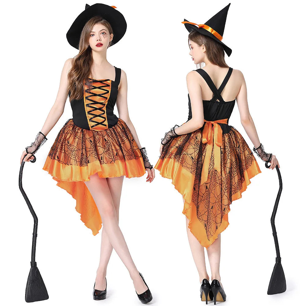 Gothic Sexy Witch Dress for Women Halloween Carnival Costume with Hat Fancy Party Outfits Masquerade Ball Nightclub Parade Suit