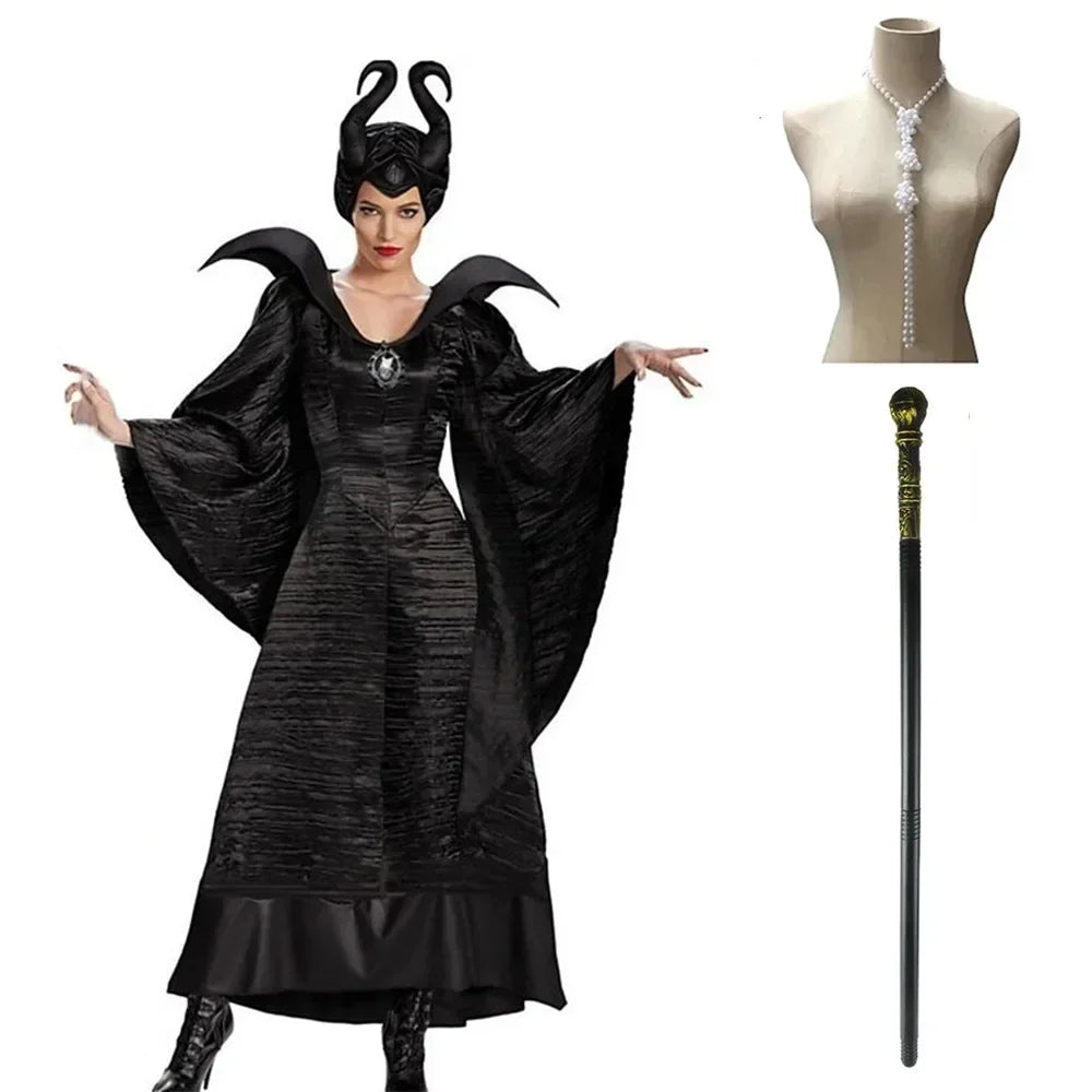 Maleficent Witch Costume Dark Witch Queen Dress Women Halloween Gothic Vampire Costume Stepmother Witch Dress Hat