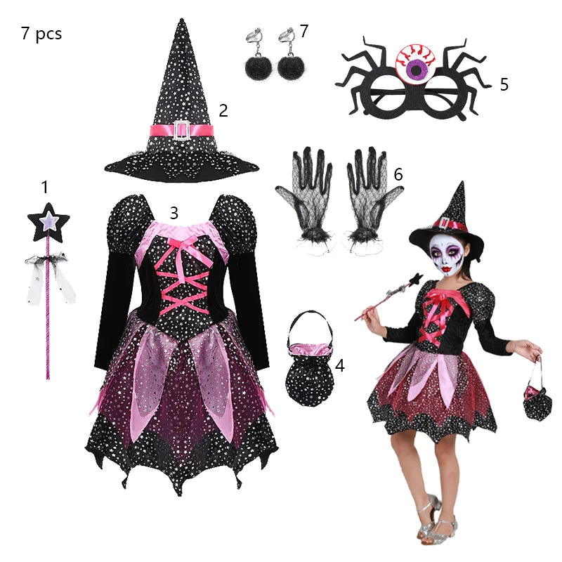 Halloween Party Costumes Witch Dress for Girls Kids Cosplay Carnival Clothes with Hat Bag Carnival Party Outfits