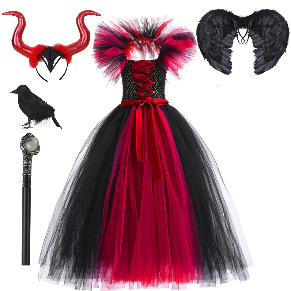 Halloween Witch Dress Girl Evil Queen Cosplay Costume Handmade Knitted Tulle Tutu Ruffles Floor Length Princess Outfits