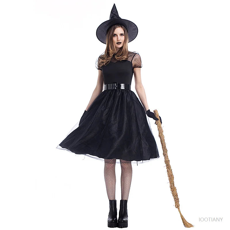 Halloween Witch Costume Women's Adult Cosplay Fantasy Black Witch Dress Up Party Gown Carnival Ghost Game Performance Clothing