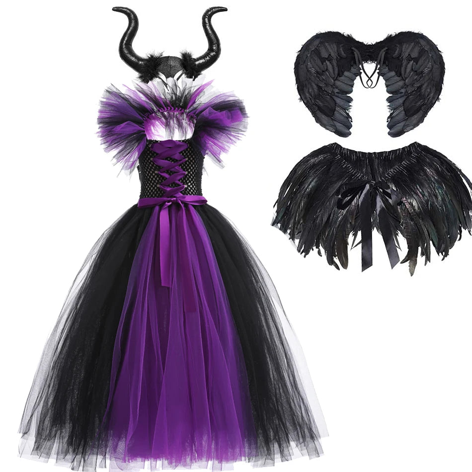 Halloween Witch Dress Girl Evil Queen Cosplay Costume Handmade Knitted Tulle Tutu Ruffles Floor Length Princess Outfits