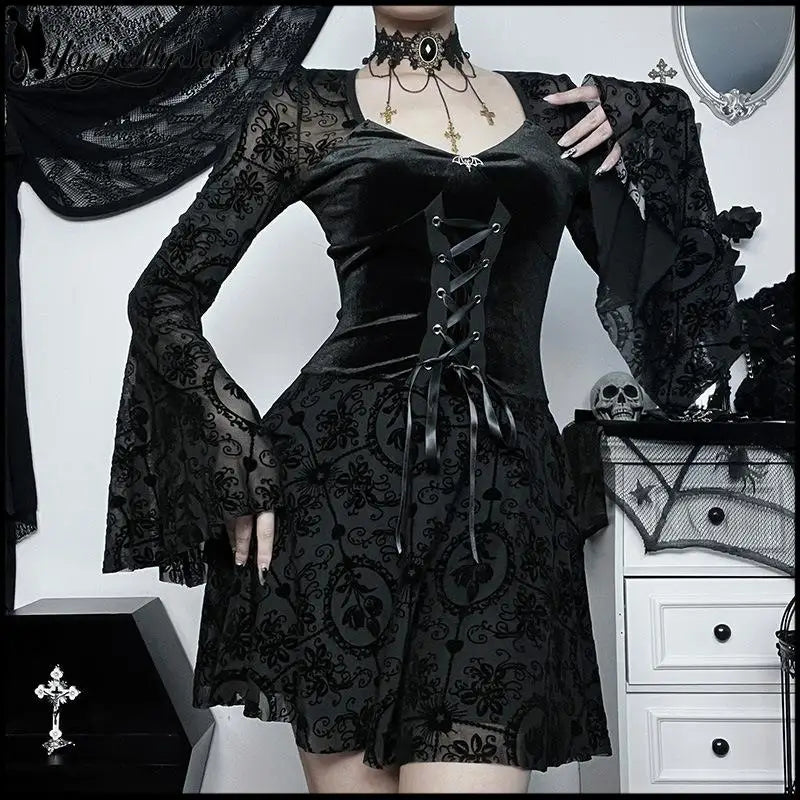 Women Gothic Halloween Witch Dress Velvet V Neck Flocked Mesh Bell Sleeve Mini Dress Vintage Vampire Cosplay Party Outfits