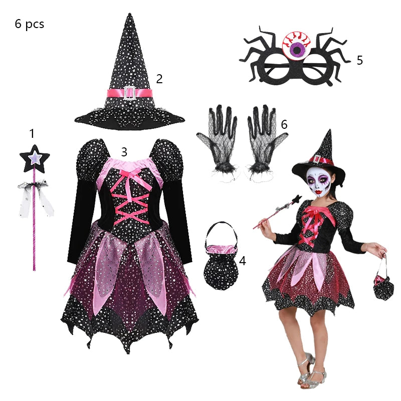 Halloween Party Costumes Witch Dress for Girls Kids Cosplay Carnival Clothes with Hat Bag Carnival Party Outfits