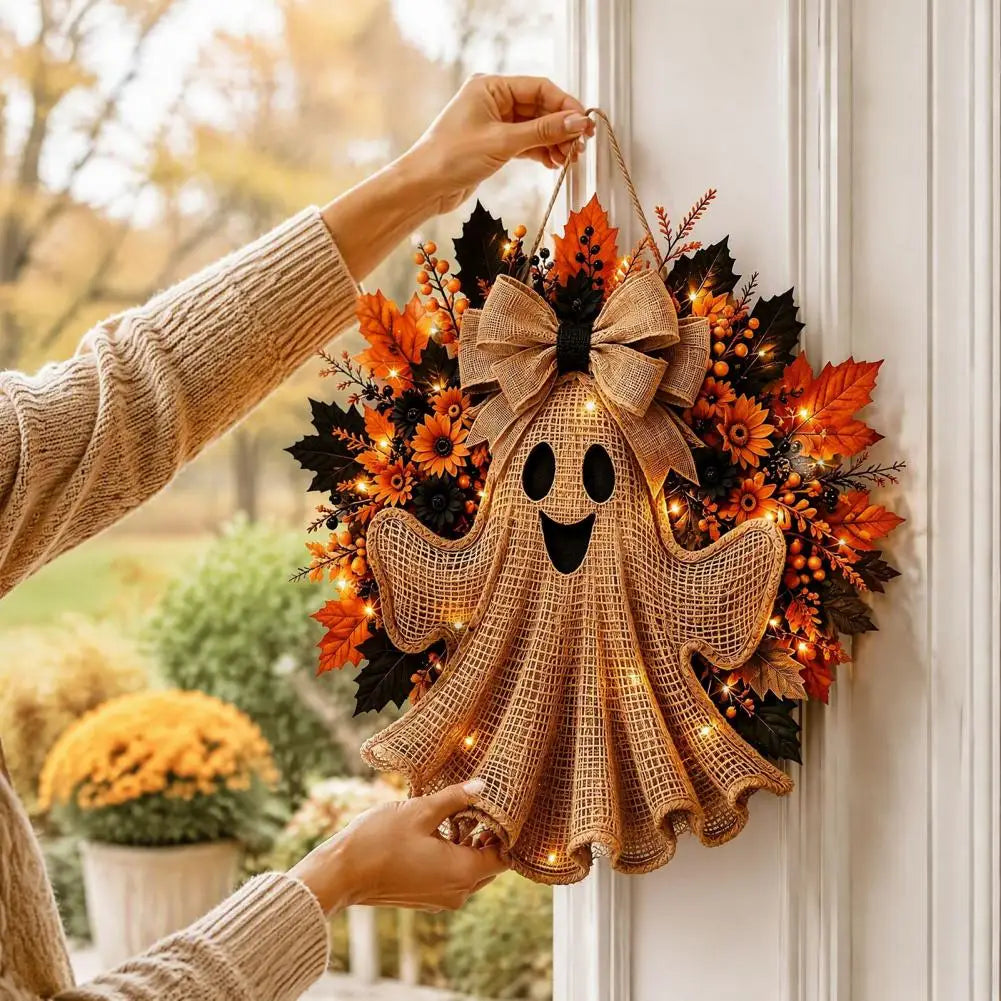 Halloween Wreath for Front Door Autumn Thanksgiving Gift Ideas Rustic Halloween Ghost Wreath Farmhouse Burlap Hanging Decor