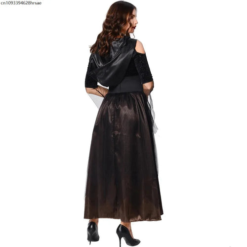 Halloween Adult Witch Cosplay Costume Gothic Hooded Long Dress Cold Shoulder Mesh Sleeve Vampire Grim Reaper Party Stage Gown