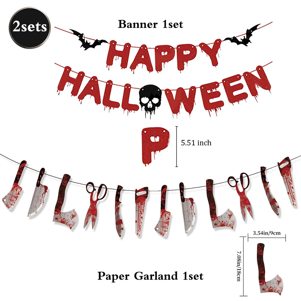 Halloween Party Decoration Happy Halloween Banner Bloody Butcher Knife Killer Tools Paper Garland for Horror Haunted House Decor