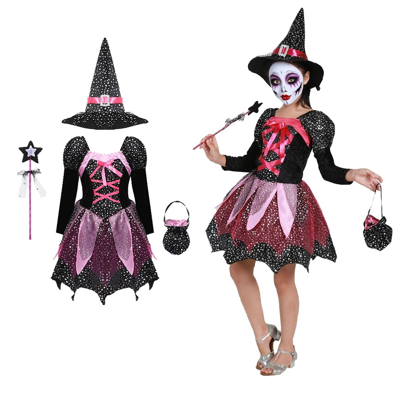 Halloween Party Costumes Witch Dress for Girls Kids Cosplay Carnival Clothes with Hat Bag Carnival Party Outfits