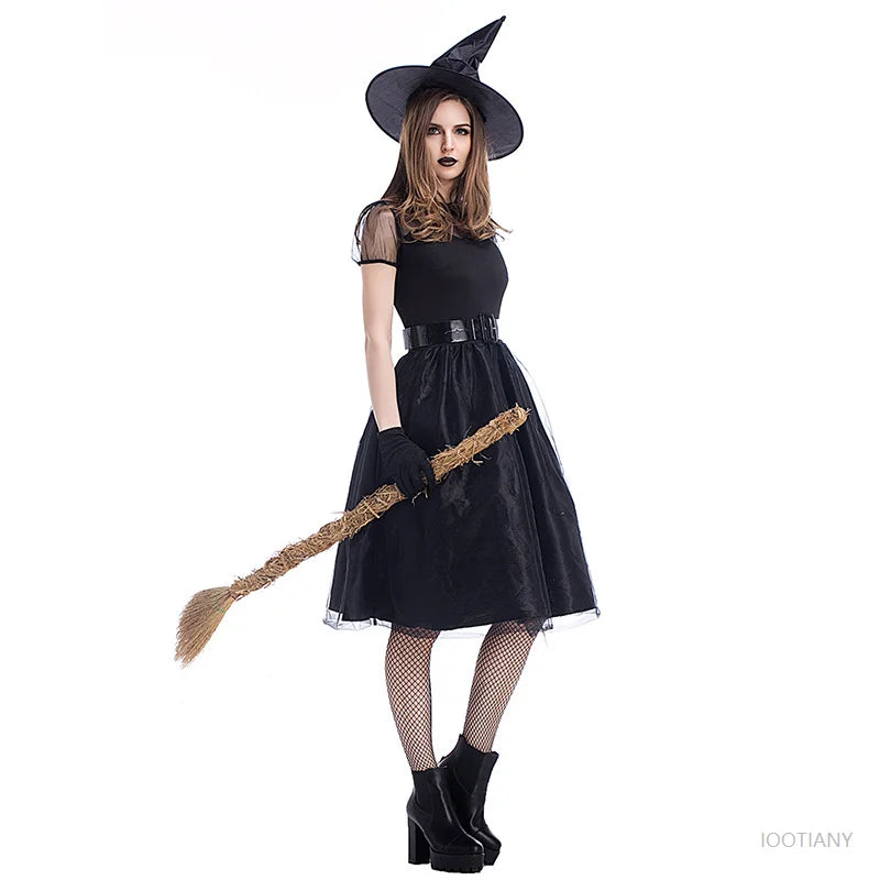 Halloween Witch Costume Women's Adult Cosplay Fantasy Black Witch Dress Up Party Gown Carnival Ghost Game Performance Clothing