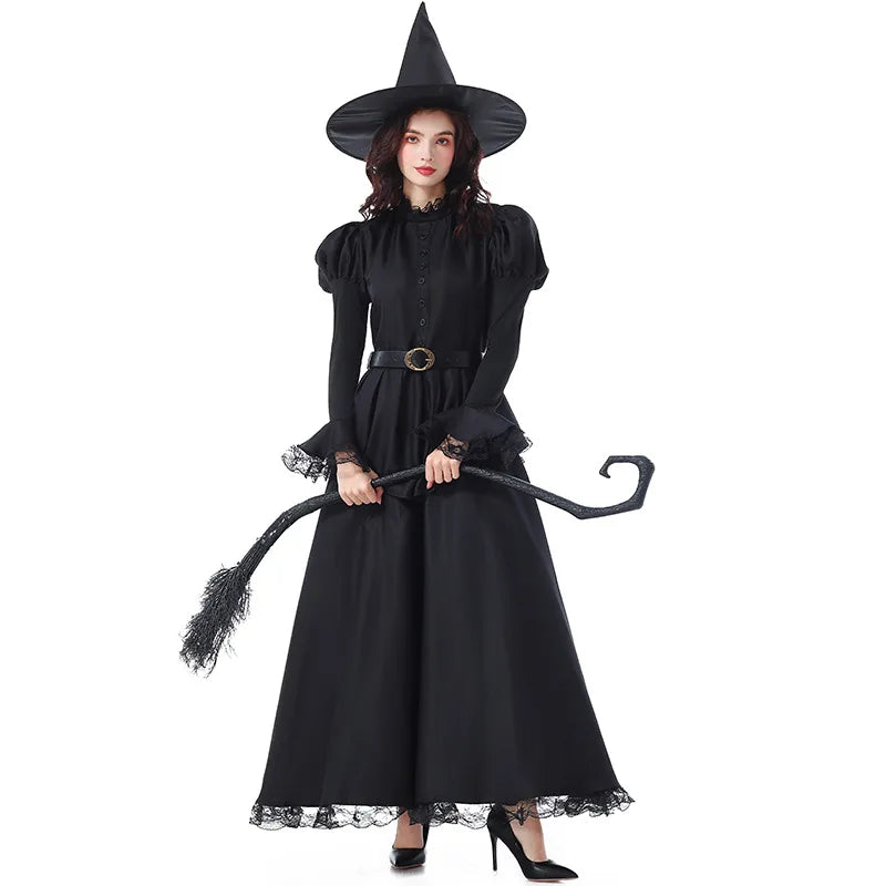 Halloween Witch Costume Black Lace Magical Wizard Dress Hat Belt 3pcs Set Women Gothic Elegant Party Outfit Movie Character Cos