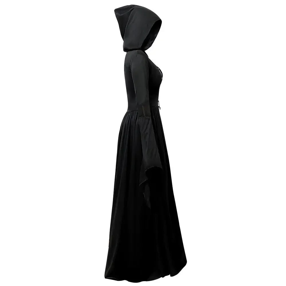 Halloween Witch Dress Women's Gothic-Style Long Hooded Vampire Dress Vintage In Black with Ghost Print and Bell Sleeves Costumes