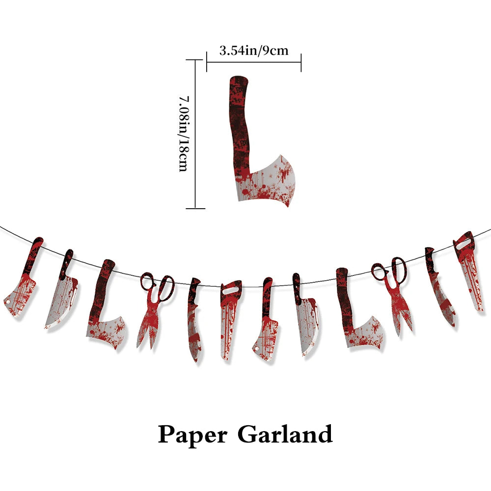 Halloween Party Decoration Happy Halloween Banner Bloody Butcher Knife Killer Tools Paper Garland for Horror Haunted House Decor