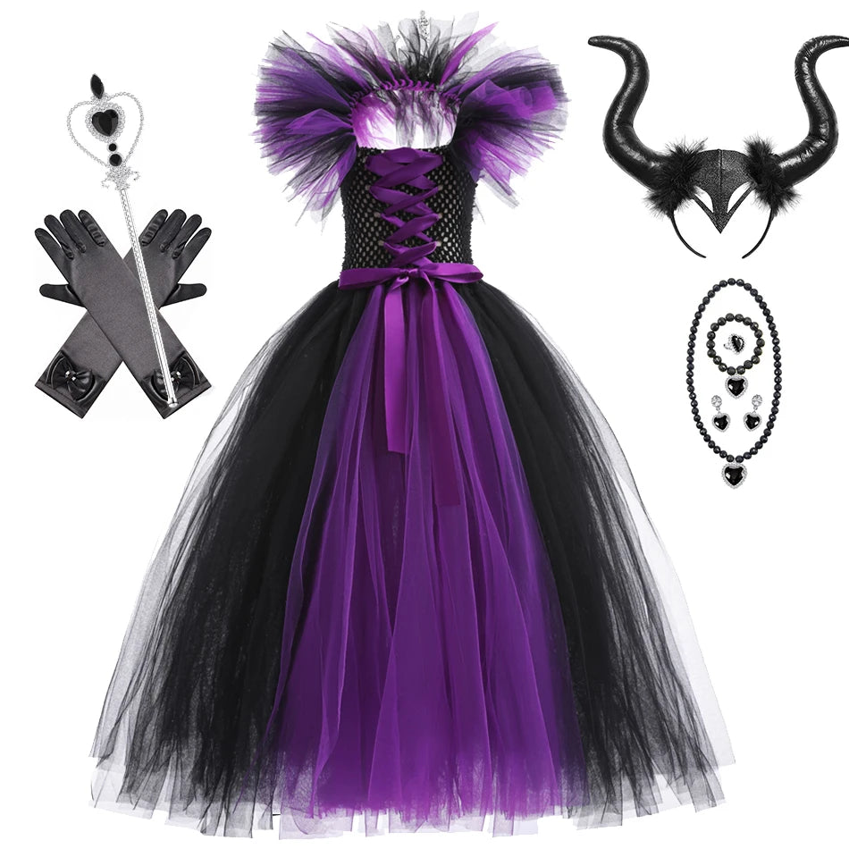 Halloween Witch Dress Girl Evil Queen Cosplay Costume Handmade Knitted Tulle Tutu Ruffles Floor Length Princess Outfits