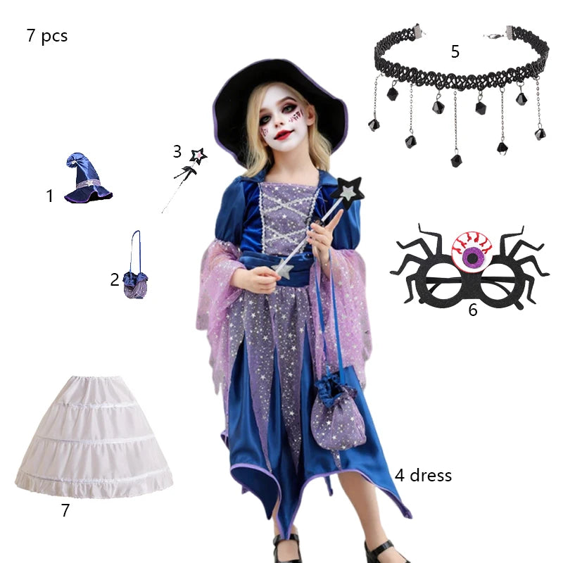 Halloween Party Costumes Witch Dress for Girls Kids Cosplay Carnival Clothes with Hat Bag Carnival Party Outfits