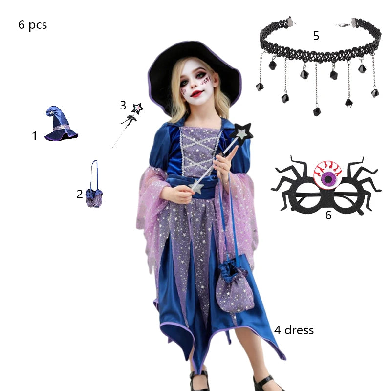Halloween Party Costumes Witch Dress for Girls Kids Cosplay Carnival Clothes with Hat Bag Carnival Party Outfits