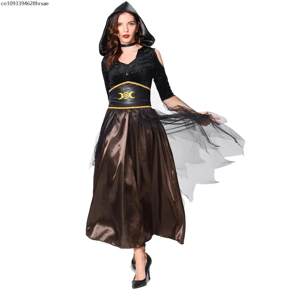 Halloween Adult Witch Cosplay Costume Gothic Hooded Long Dress Cold Shoulder Mesh Sleeve Vampire Grim Reaper Party Stage Gown