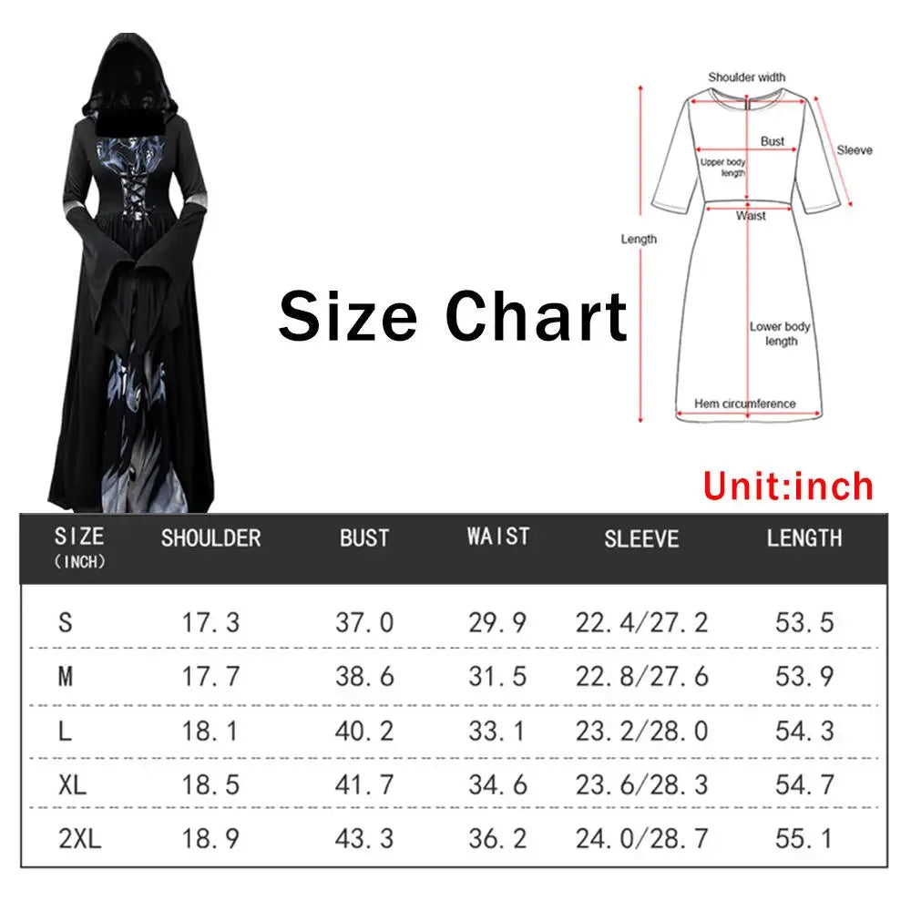 Halloween Witch Dress Women's Gothic-Style Long Hooded Vampire Dress Vintage In Black with Ghost Print and Bell Sleeves Costumes