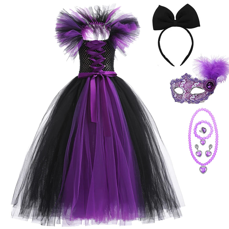 Halloween Witch Dress Girl Evil Queen Cosplay Costume Handmade Knitted Tulle Tutu Ruffles Floor Length Princess Outfits