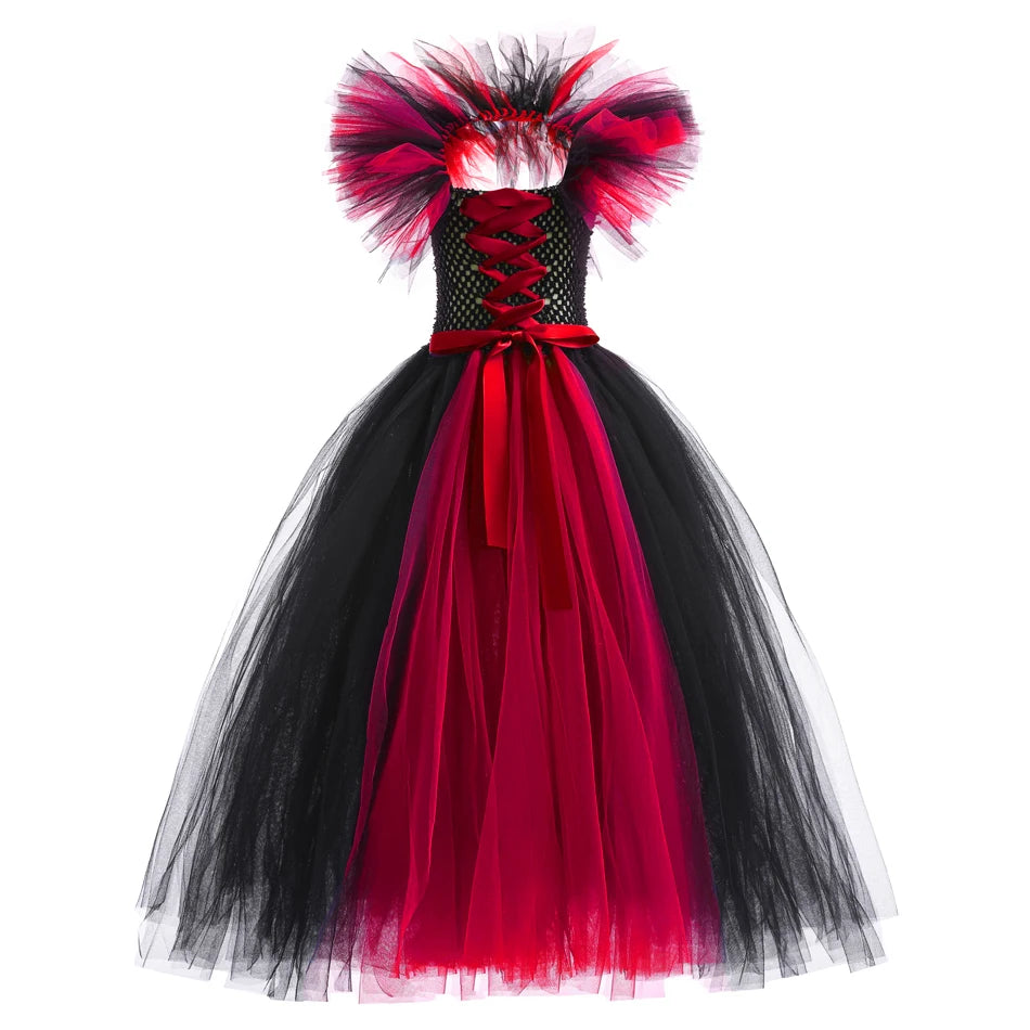 Halloween Witch Dress Girl Evil Queen Cosplay Costume Handmade Knitted Tulle Tutu Ruffles Floor Length Princess Outfits