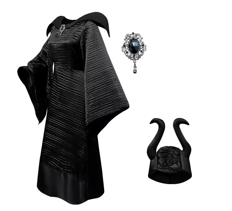 Maleficent Witch Costume Dark Witch Queen Dress Women Halloween Gothic Vampire Costume Stepmother Witch Dress Hat