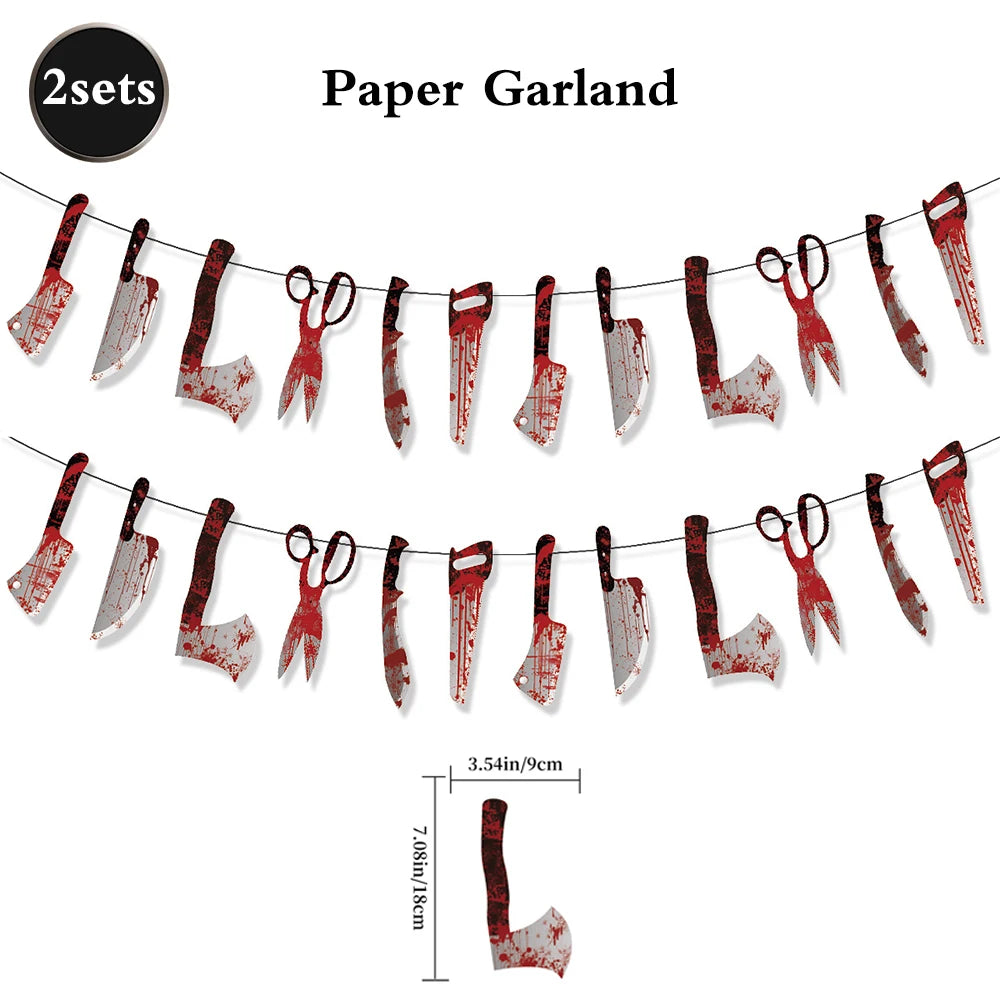 Halloween Party Decoration Happy Halloween Banner Bloody Butcher Knife Killer Tools Paper Garland for Horror Haunted House Decor