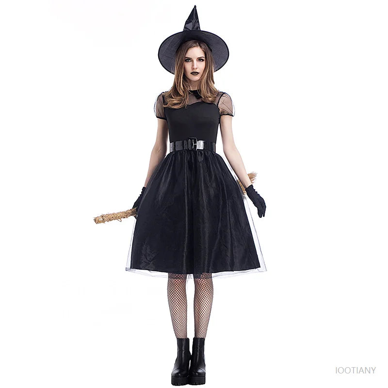 Halloween Witch Costume Women's Adult Cosplay Fantasy Black Witch Dress Up Party Gown Carnival Ghost Game Performance Clothing