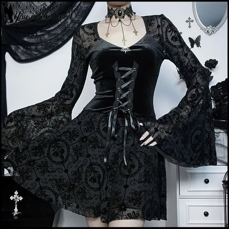 Women Gothic Halloween Witch Dress Velvet V Neck Flocked Mesh Bell Sleeve Mini Dress Vintage Vampire Cosplay Party Outfits