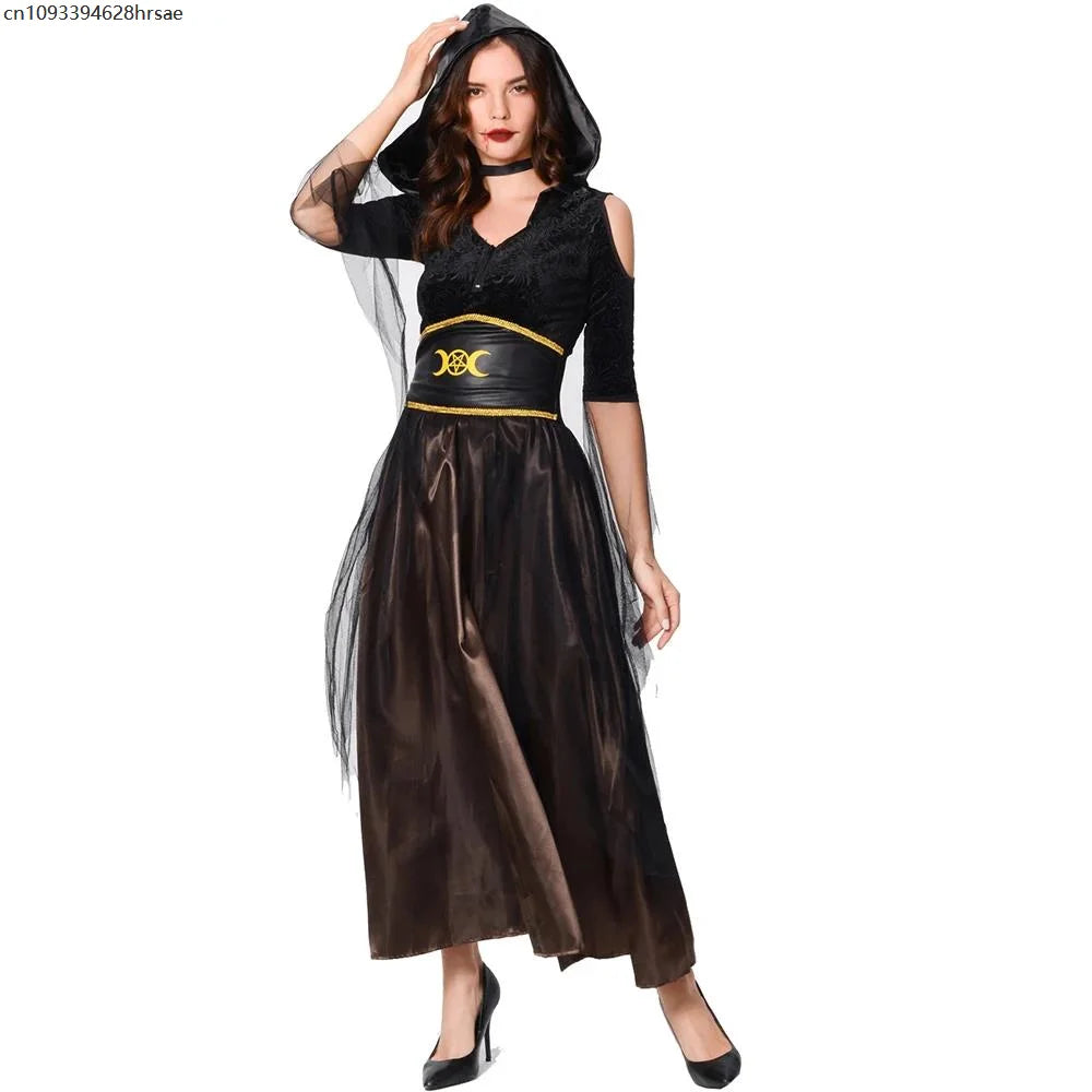 Halloween Adult Witch Cosplay Costume Gothic Hooded Long Dress Cold Shoulder Mesh Sleeve Vampire Grim Reaper Party Stage Gown