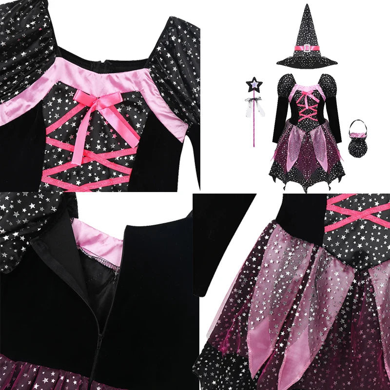 Halloween Party Costumes Witch Dress for Girls Kids Cosplay Carnival Clothes with Hat Bag Carnival Party Outfits