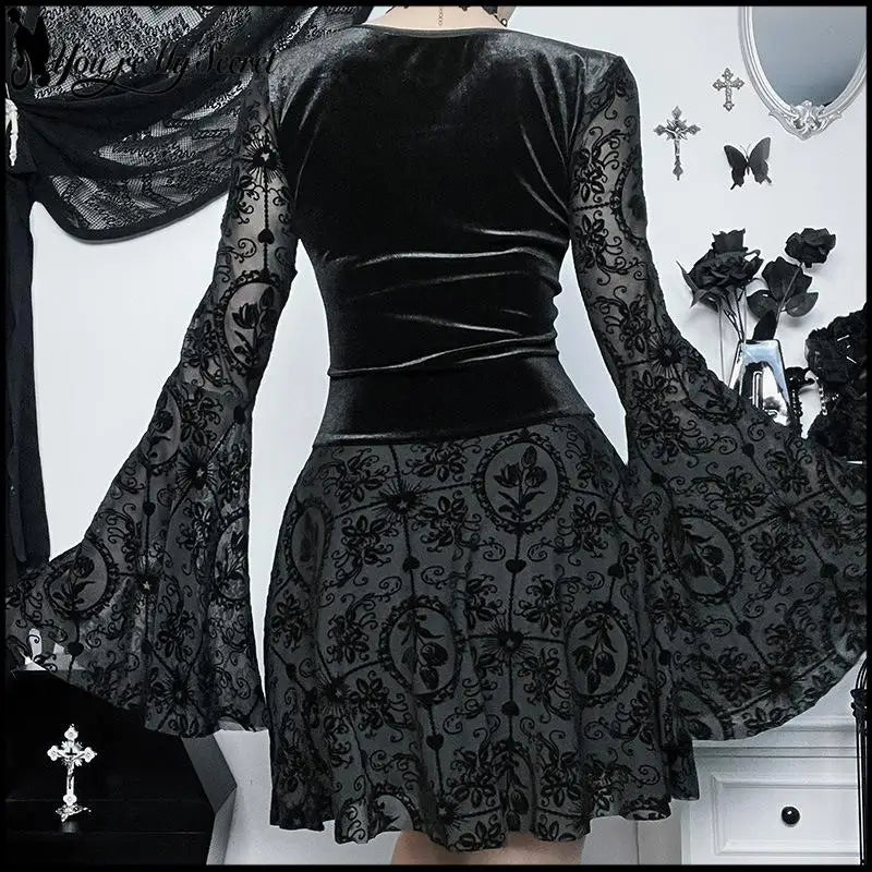 Women Gothic Halloween Witch Dress Velvet V Neck Flocked Mesh Bell Sleeve Mini Dress Vintage Vampire Cosplay Party Outfits
