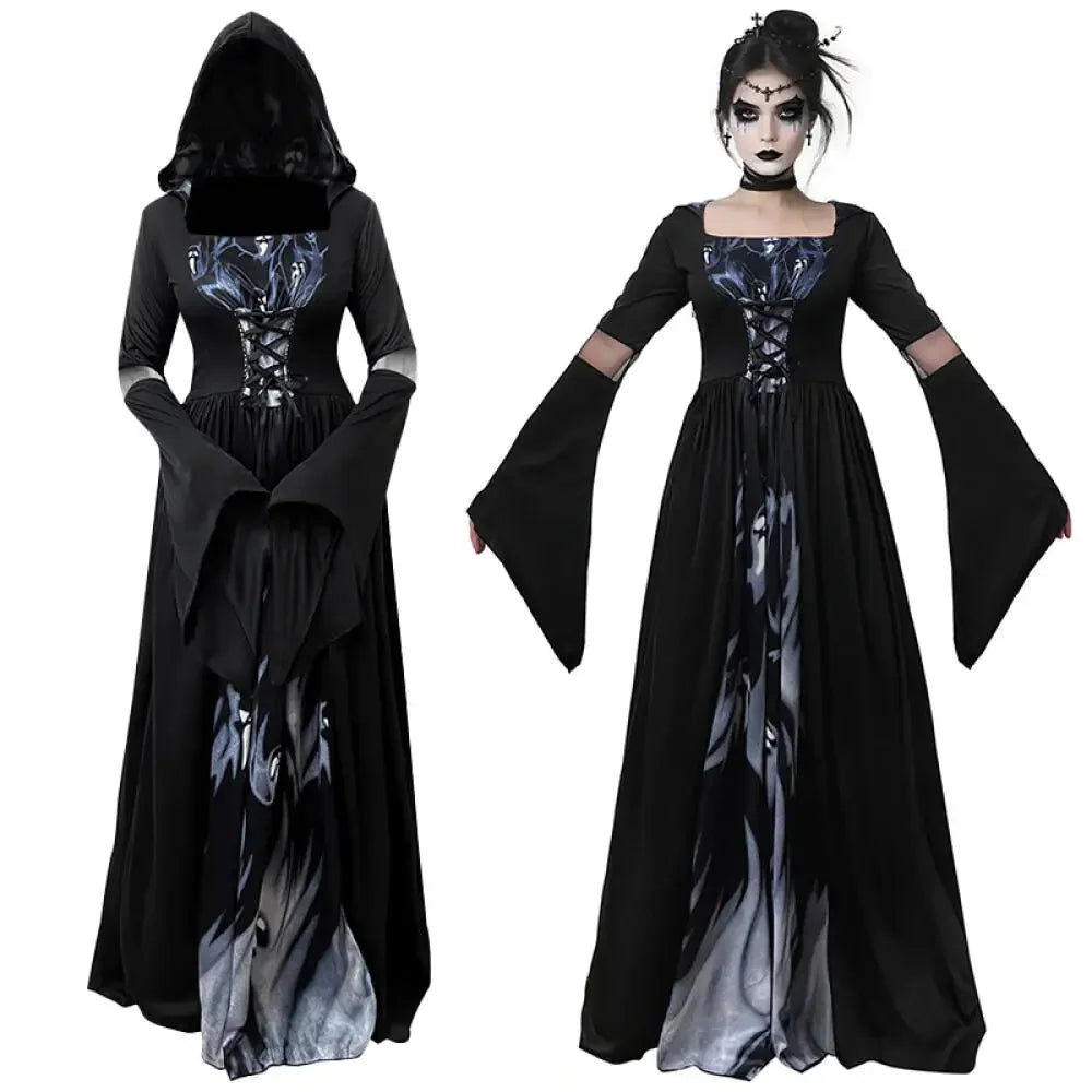 Halloween Witch Dress Women's Gothic-Style Long Hooded Vampire Dress Vintage In Black with Ghost Print and Bell Sleeves Costumes