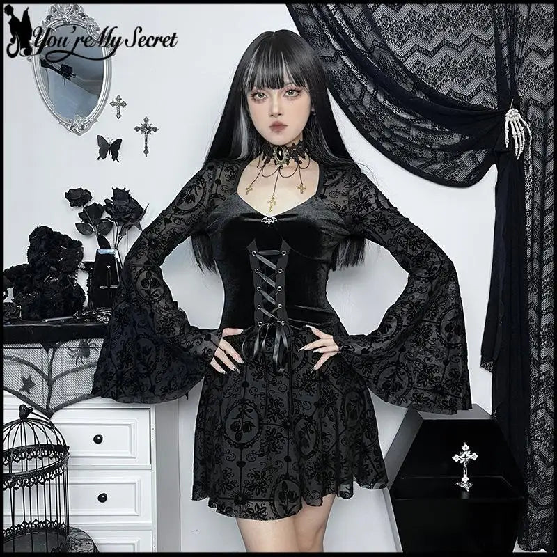 Women Gothic Halloween Witch Dress Velvet V Neck Flocked Mesh Bell Sleeve Mini Dress Vintage Vampire Cosplay Party Outfits