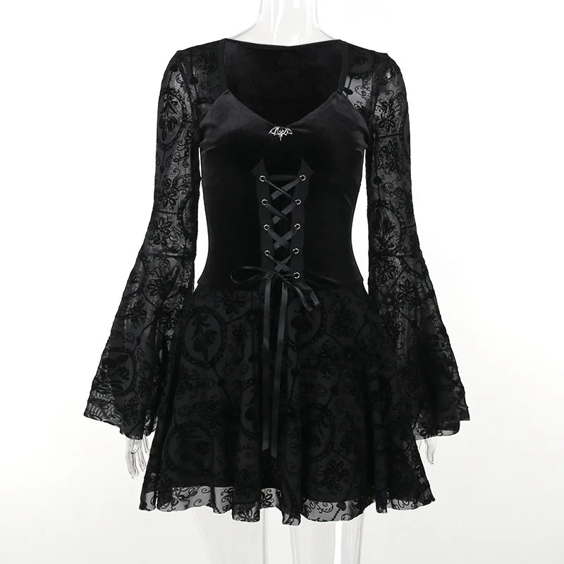 Women Gothic Halloween Witch Dress Velvet V Neck Flocked Mesh Bell Sleeve Mini Dress Vintage Vampire Cosplay Party Outfits