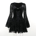 Women Gothic Halloween Witch Dress Velvet V Neck Flocked Mesh Bell Sleeve Mini Dress Vintage Vampire Cosplay Party Outfits