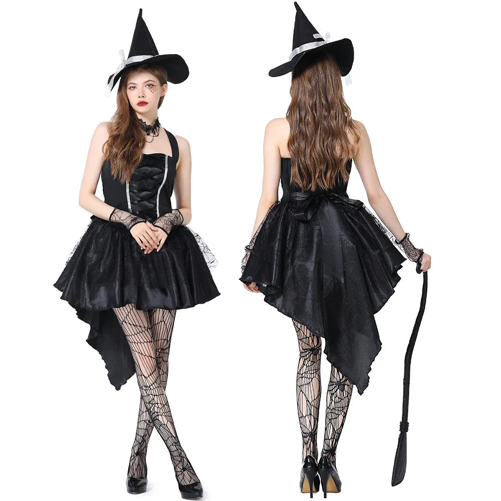 Gothic Sexy Witch Dress for Women Halloween Carnival Costume with Hat Fancy Party Outfits Masquerade Ball Nightclub Parade Suit
