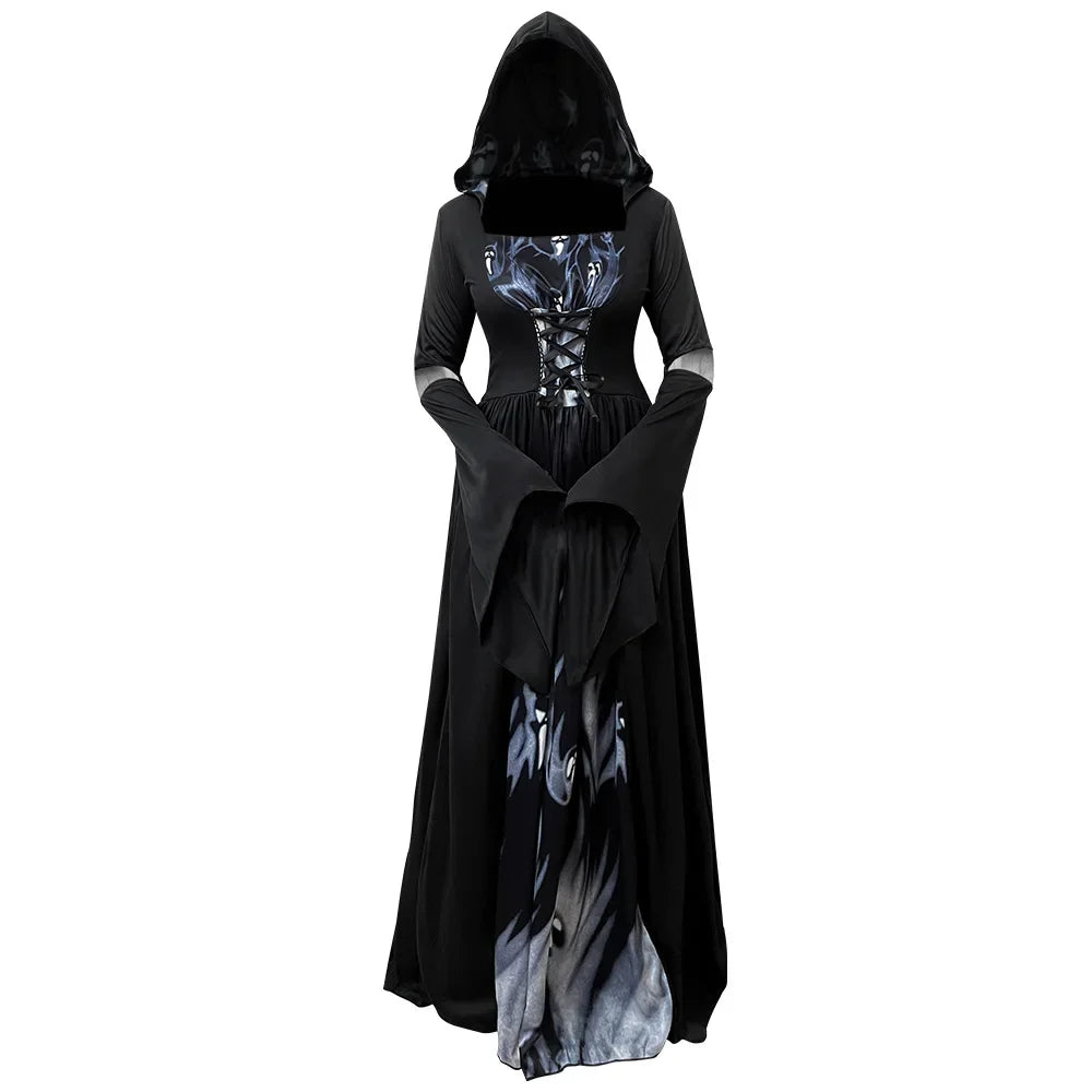 Halloween Witch Dress Women's Gothic-Style Long Hooded Vampire Dress Vintage In Black with Ghost Print and Bell Sleeves Costumes