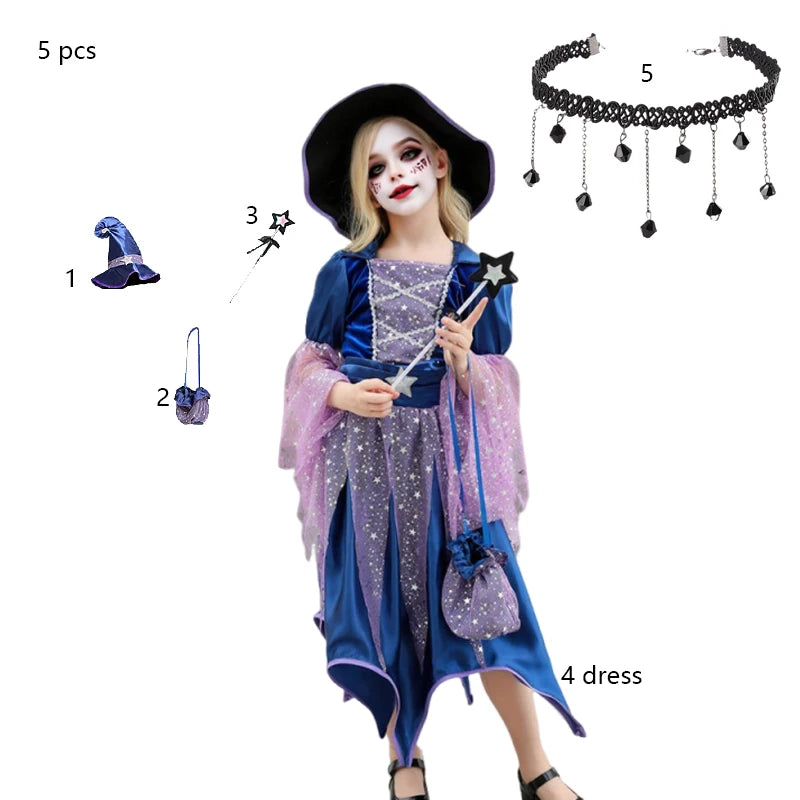 Halloween Party Costumes Witch Dress for Girls Kids Cosplay Carnival Clothes with Hat Bag Carnival Party Outfits