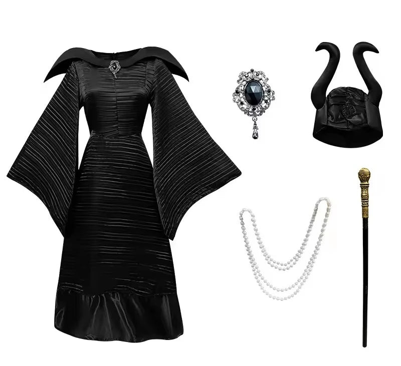 Maleficent Witch Costume Dark Witch Queen Dress Women Halloween Gothic Vampire Costume Stepmother Witch Dress Hat