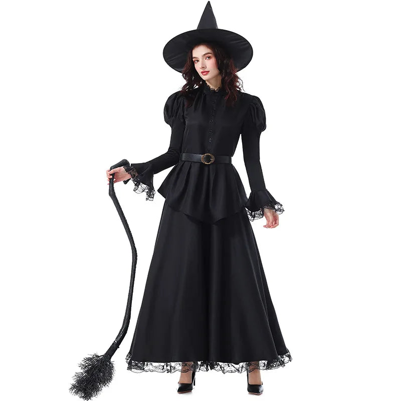 Halloween Witch Costume Black Lace Magical Wizard Dress Hat Belt 3pcs Set Women Gothic Elegant Party Outfit Movie Character Cos