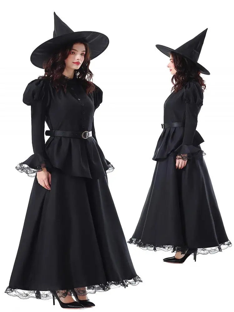 Halloween Witch Costume Black Lace Magical Wizard Dress Hat Belt 3pcs Set Women Gothic Elegant Party Outfit Movie Character Cos