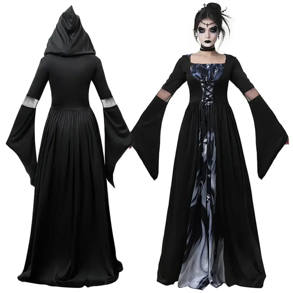 Halloween Witch Dress Women's Gothic-Style Long Hooded Vampire Dress Vintage In Black with Ghost Print and Bell Sleeves Costumes