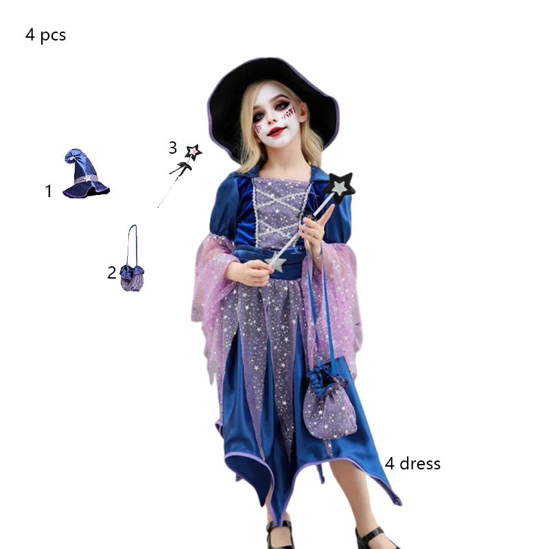 Halloween Party Costumes Witch Dress for Girls Kids Cosplay Carnival Clothes with Hat Bag Carnival Party Outfits