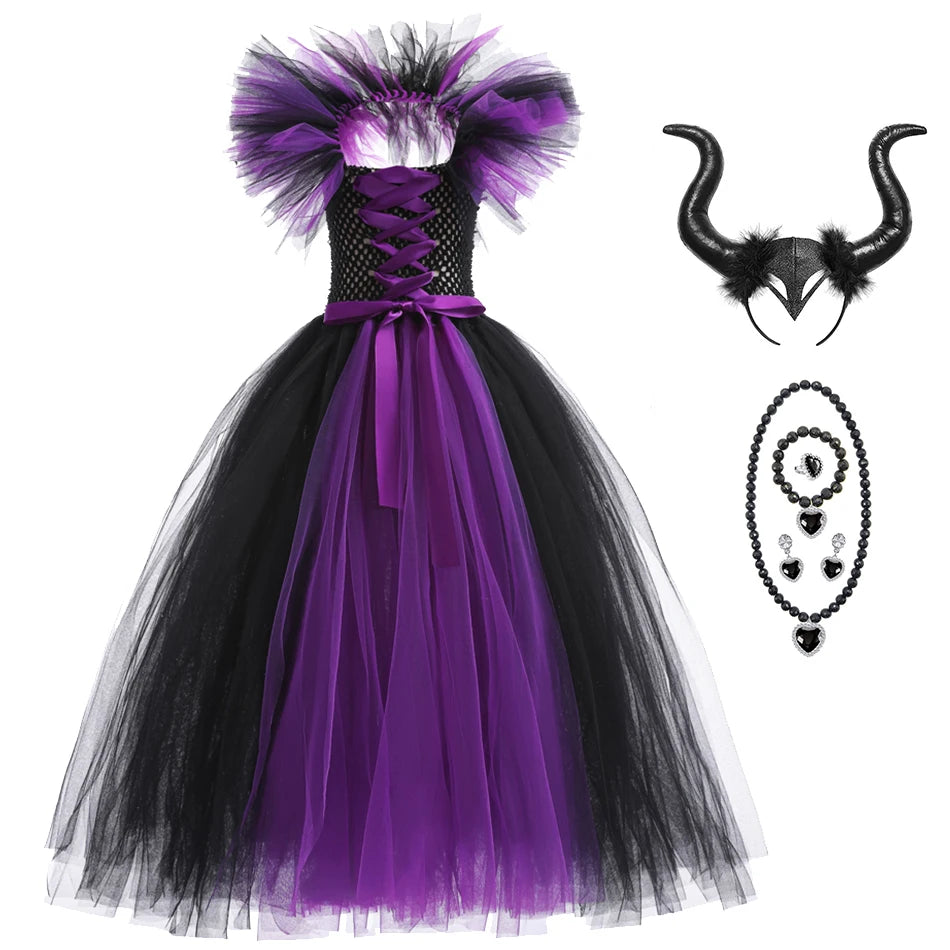 Halloween Witch Dress Girl Evil Queen Cosplay Costume Handmade Knitted Tulle Tutu Ruffles Floor Length Princess Outfits