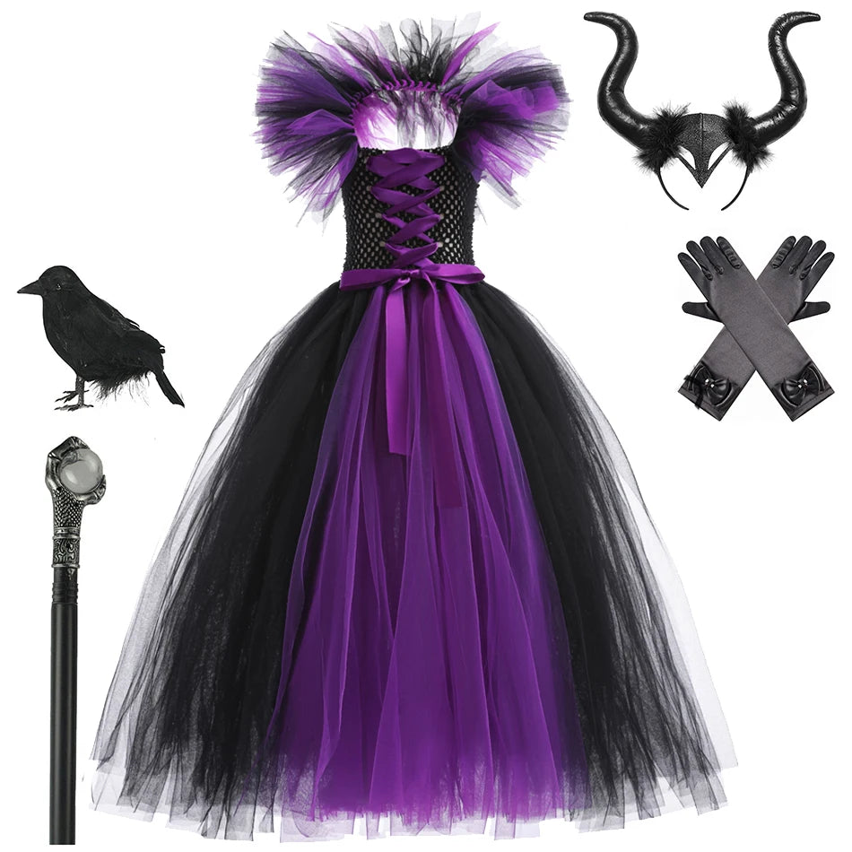 Halloween Witch Dress Girl Evil Queen Cosplay Costume Handmade Knitted Tulle Tutu Ruffles Floor Length Princess Outfits